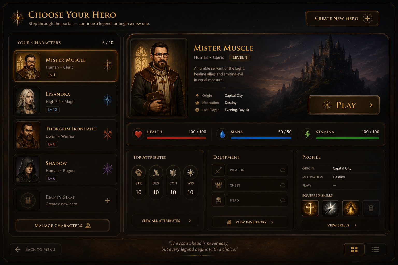 World Stories character selection screen with AI-generated portraits